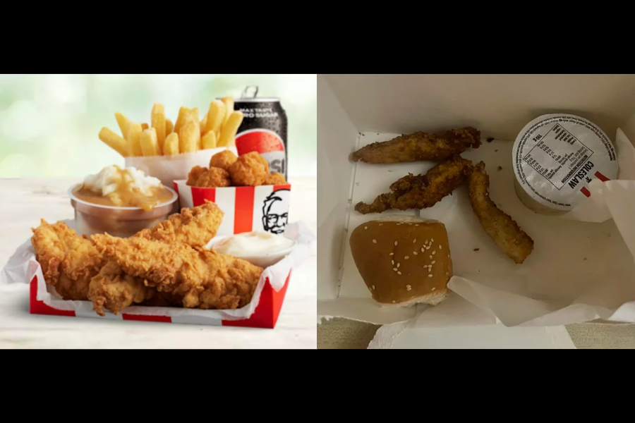 A side-by-side comparison of a KFC meal advertisement showing full portions versus a customer's actual meal with smaller portions and missing items.