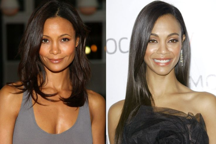 Side-by-side photo of two women with long dark hair, both smiling softly at the camera. The woman on the left wears a gray tank top, while the woman on the right wears an elegant black off-shoulder dress and dangling earrings against a white backdrop with faint text.