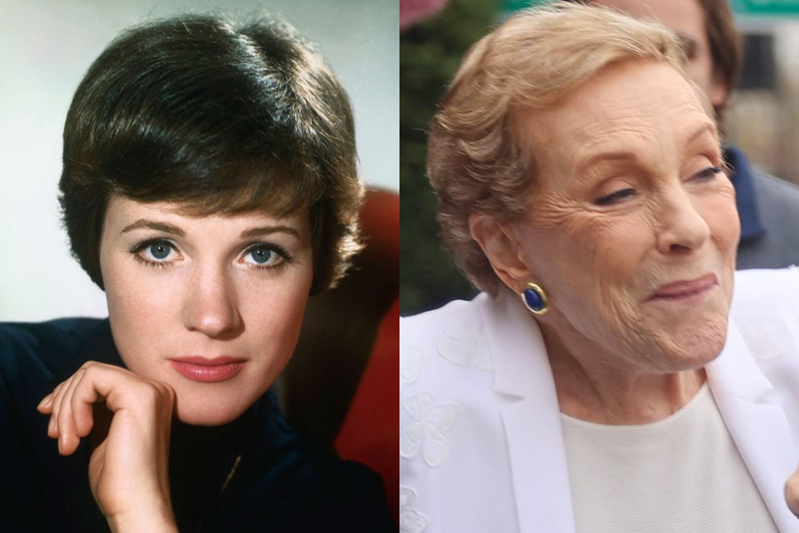 Julie Andrews in a classic portrait with short dark hair and poised expression, paired with a joyful, candid later-life photo in a white suit.