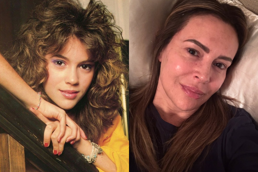 Side-by-side photos of a woman in her younger and older years. On the left, she has voluminous curly hair and wears a yellow top with bold makeup, resting her chin on her hands over a stair railing. On the right, she is older with straight brown hair, makeup-free, and smiling softly while lying on a pillow in a relaxed setting.