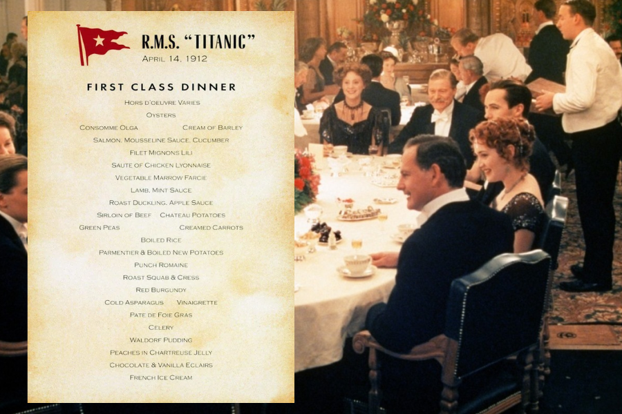 Titanic first-class dinner menu from April 14, 1912 shown alongside a scene from the movie Titanic, depicting passengers dining in luxury.