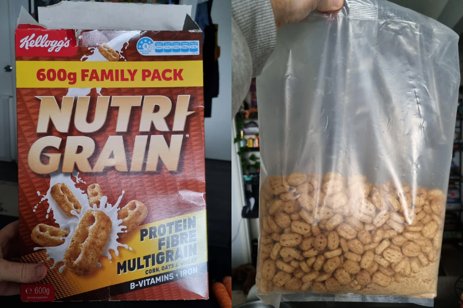 A 600g Nutri-Grain cereal family pack box shown next to its partially filled inner plastic bag, highlighting the empty space inside the packaging.