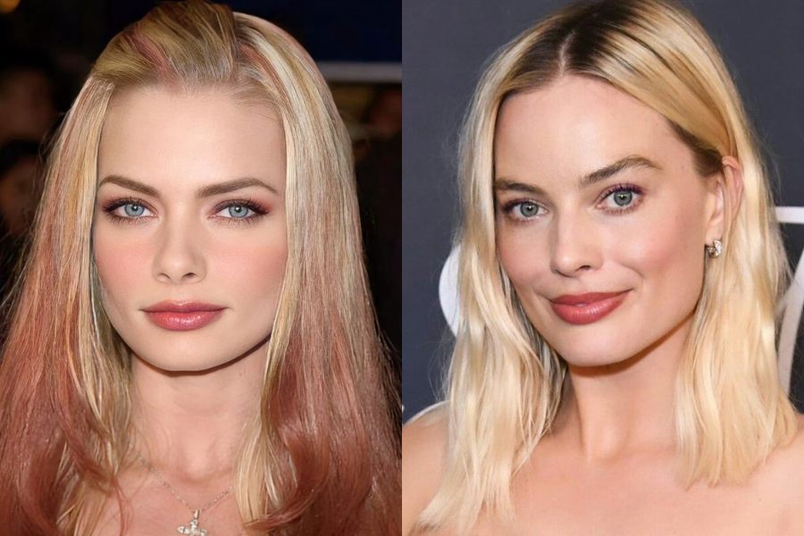 Side-by-side photo of two women with blonde hair and blue eyes, both wearing natural makeup and subtle smiles. The woman on the left has long straight hair with pinkish tones, while the woman on the right has shoulder-length wavy blonde hair and small stud earrings.