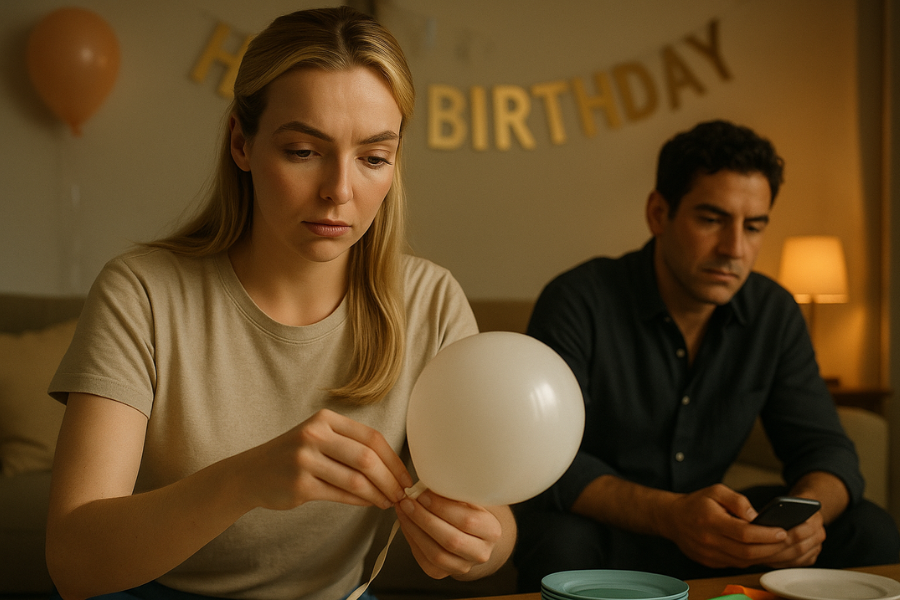 A woman in a beige t-shirt looks down as she ties a white balloon, appearing thoughtful or sad, while a man sits behind her on the couch looking at his phone with a serious expression. A gold “Happy Birthday” banner and balloons decorate the room.