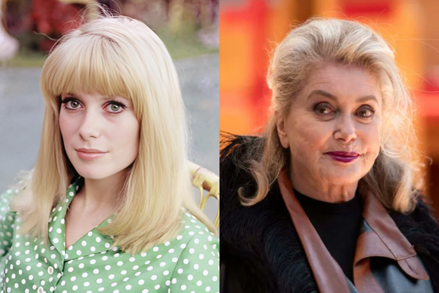 Catherine Deneuve as a young woman in a green polka dot blouse and straight blonde bangs, and later in life with voluminous hair and red lipstick at an event.