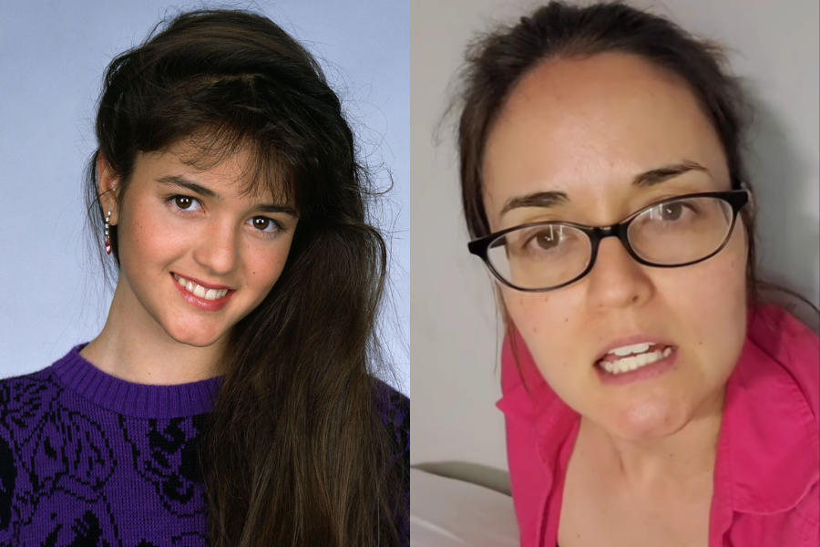 Side-by-side images of a woman in her youth and later in life. On the left, she has long dark hair styled to the side, wearing a purple patterned sweater and earrings, smiling against a light blue background. On the right, she appears older with glasses, a pink shirt, and a more serious expression while speaking indoors.