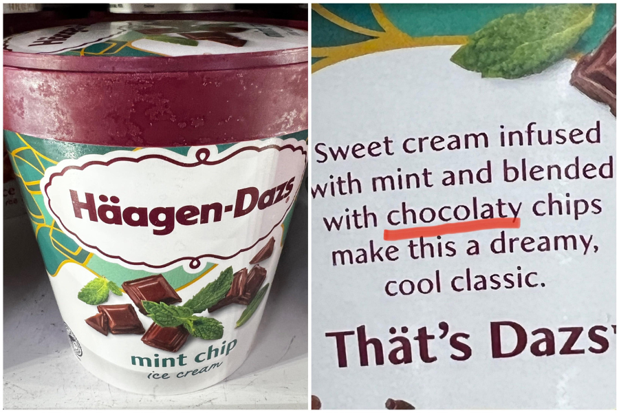 Häagen-Dazs Mint Chip ice cream container beside close-up of its ingredient description, with the word “chocolaty” underlined to emphasize it’s not real chocolate.