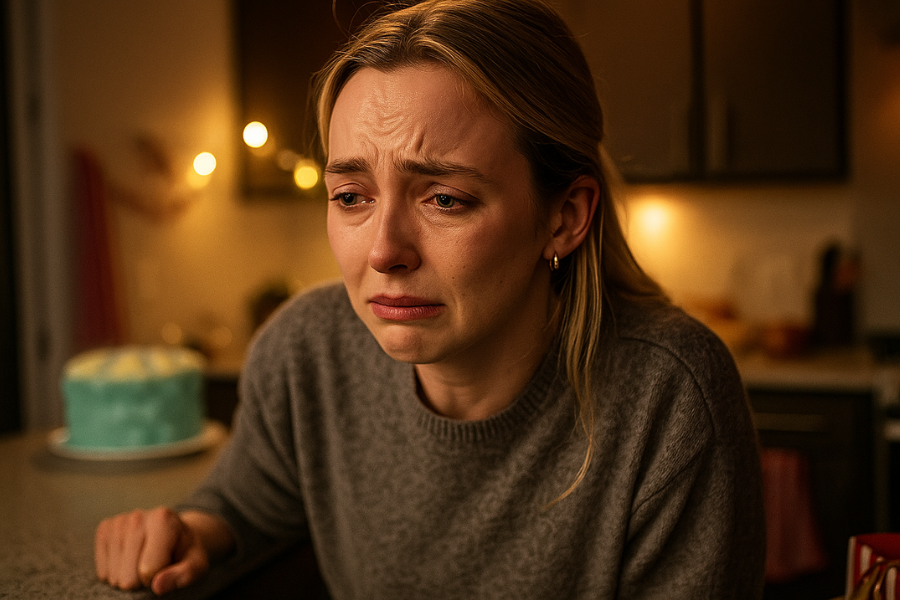A woman in a gray sweater sits in a warmly lit kitchen, visibly emotional with tears in her eyes and a distressed expression. A blue frosted cake sits on the counter behind her, suggesting a birthday or celebration context.