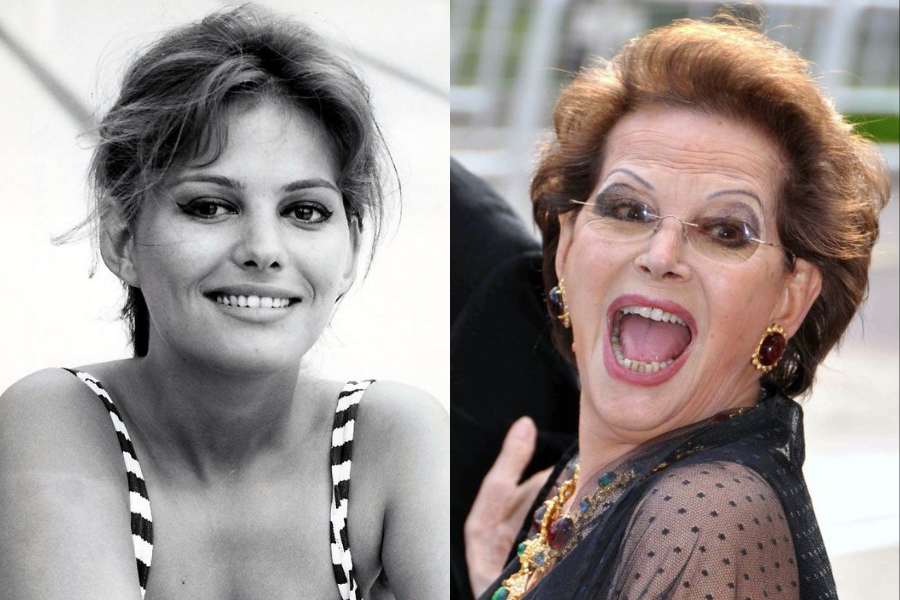 Claudia Cardinale smiling in a vintage striped swimsuit photo, and in her older years making a playful open-mouth expression with statement earrings.