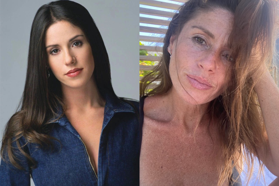 Side-by-side photos of a woman at two different stages of life. On the left, she has sleek, dark brown hair and wears a dark denim zip-up top, gazing calmly at the camera. On the right, she appears older with sun-kissed skin and long light brown hair, resting her head on her hand in a natural light setting, possibly outdoors.