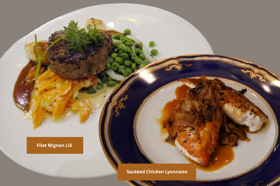 Side-by-side dishes of filet mignon with vegetables and peas, and sautéed chicken Lyonnaise topped with caramelized onions in rich sauce.