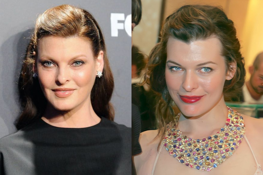 Side-by-side photo of two women with styled dark hair and blue eyes, both posing at formal events. The woman on the left wears a black dress with star-shaped earrings, while the woman on the right wears a colorful jeweled necklace and red lipstick.