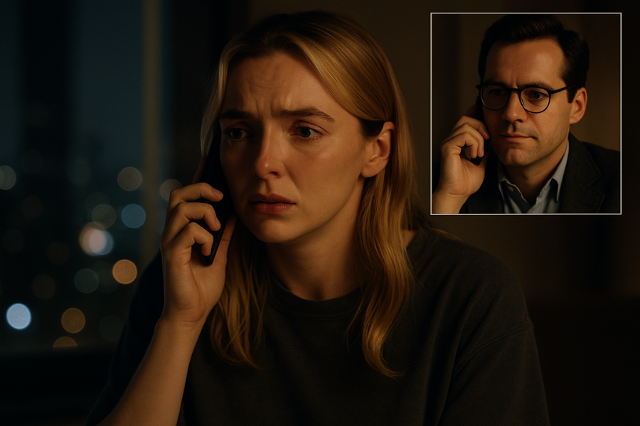 A woman with a worried, emotional expression holds a phone to her ear at night, with blurred city lights visible through the window behind her. An inset shows a man in glasses and a suit jacket on the other end of the call, looking serious as he listens.