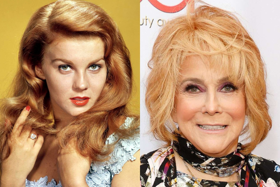 Ann-Margret with glamorous red hair and a sultry look in her youth, shown alongside a more recent portrait with a voluminous hairstyle and vibrant makeup.