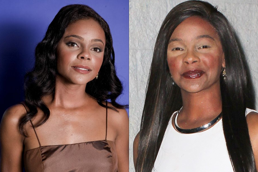 Side-by-side portraits of a woman at two points in life. On the left, she wears a brown spaghetti strap dress with softly curled hair and natural makeup, posing against a purple background. On the right, she appears older with straight long hair, heavier makeup with red lipstick and contouring, and a white dress with a metallic neckline, standing in front of a light-colored wall.