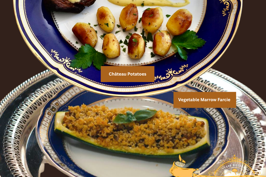 Château potatoes garnished with parsley on a royal blue plate, shown with a stuffed vegetable marrow dish topped with golden breadcrumbs.