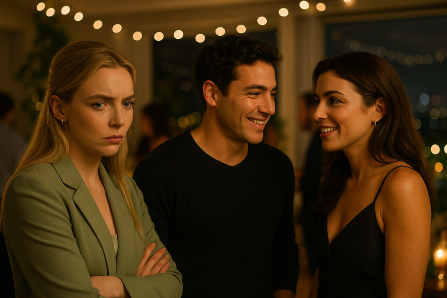 A woman in a green blazer stands with her arms crossed, looking upset or jealous as she watches a man and another woman laughing together at a party. The room is warmly lit with string lights, and city lights are visible through large windows.