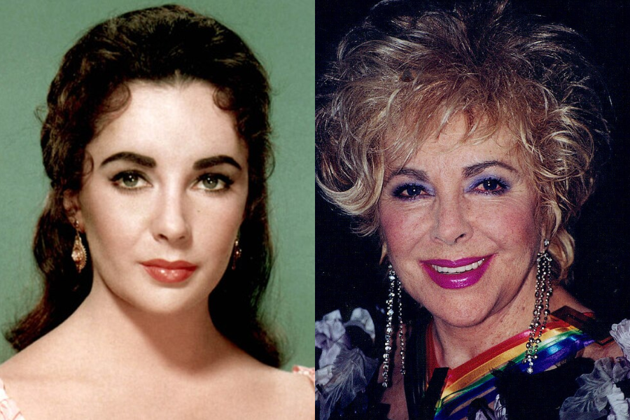 Elizabeth Taylor in a polished studio portrait with dark curls and striking eyes, contrasted with her later self wearing bold makeup and a Kennedy Center Honor ribbon.