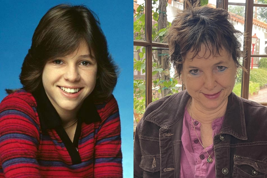 Side-by-side photos of a woman as a young teen and later in life. On the left, she smiles brightly with a short feathered haircut, wearing a red and blue striped sweater over a collared shirt against a blue background. On the right, she appears older with a short tousled haircut, subtle makeup, and a layered outfit in shades of purple and brown, smiling softly indoors by a window with greenery outside.