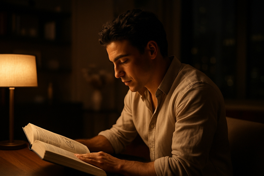 A man with dark hair, wearing a light-colored button-up shirt, sits at a wooden desk reading a book under the warm glow of a table lamp. The room has a cozy, dimly lit atmosphere with shelves and a window in the background.