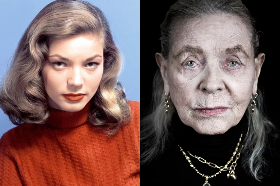 Lauren Bacall as a young woman in a red sweater with wavy hair and bold lipstick, alongside an older portrait showing her with long gray hair and layered gold necklaces.