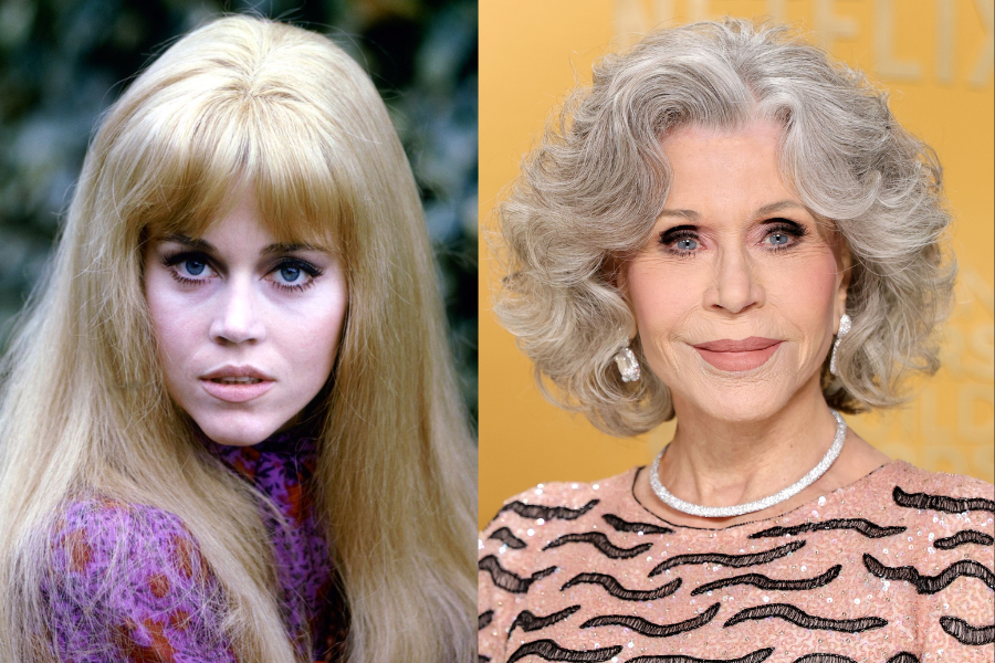 Jane Fonda with long blonde hair and a serious expression in a purple patterned outfit, shown beside her recent poised appearance with silver curls and pink gown.