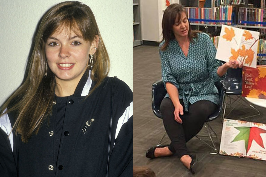 Side-by-side images of a woman in her youth and adulthood. On the left, she has long light brown hair and wears a black jacket with decorative pins and multiple earrings, smiling at the camera. On the right, she is older and seated in a library, wearing a patterned blue top while reading a picture book about autumn leaves to a group of children.