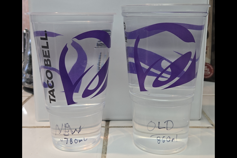 Two Taco Bell plastic cups labeled “new” and “old” with handwritten volumes showing the new cup holds about 780ml and the old one holds 860ml.
