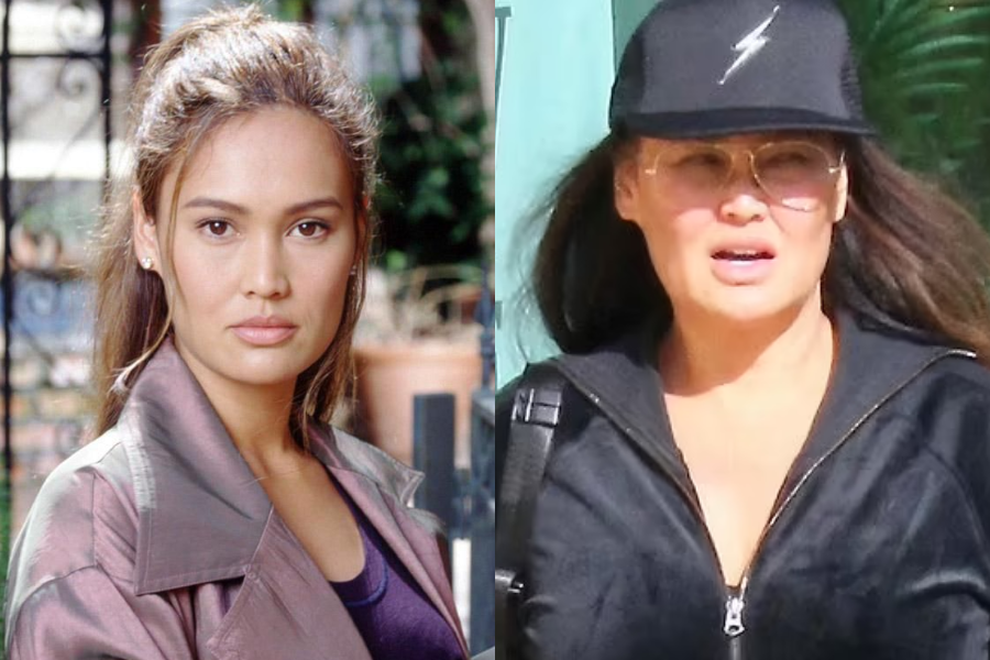 Side-by-side images of a woman at two life stages. On the left, she wears a silky mauve jacket with her hair pulled back, giving a serious expression while standing outdoors. On the right, she appears older in a casual black zip-up outfit with a lightning bolt cap and large glasses, walking outside with the sun casting shadows on her face.