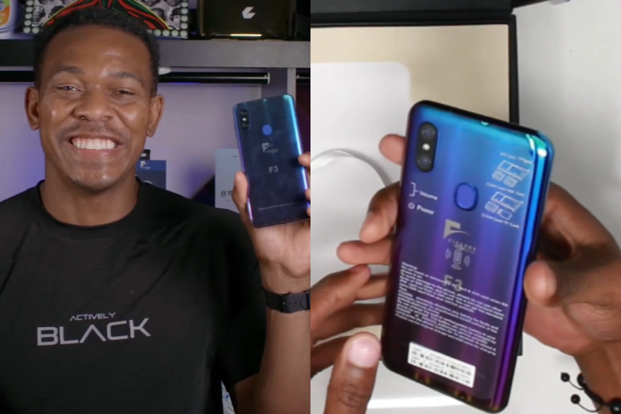 A smiling man holds up a Figgers F3 smartphone on the left, while the right side shows a close-up of hands unboxing the iridescent-backed Figgers F2 phone.