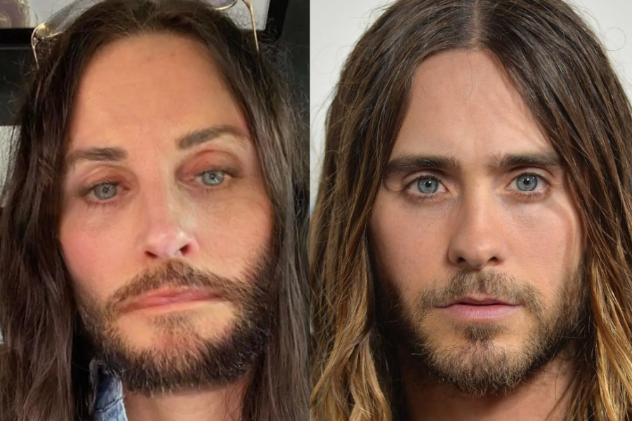 Side-by-side close-up photo of two people with long brown hair, beards, and serious expressions. The person on the left appears to have digitally added facial hair, while the person on the right has a natural beard and mustache.