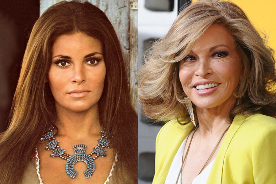 Raquel Welch as a young woman with sleek brown hair and a bold turquoise necklace, next to a recent smiling portrait in a yellow blazer and voluminous waves.
