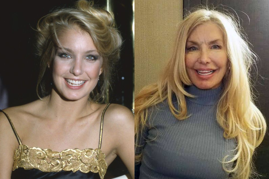 Side-by-side images of a woman in her younger and older years. On the left, she is smiling brightly in a glamorous black and gold spaghetti strap dress with styled blonde hair at a formal event. On the right, she is older with long, flowing blonde hair, wearing a ribbed gray-blue turtleneck top, smiling warmly indoors.