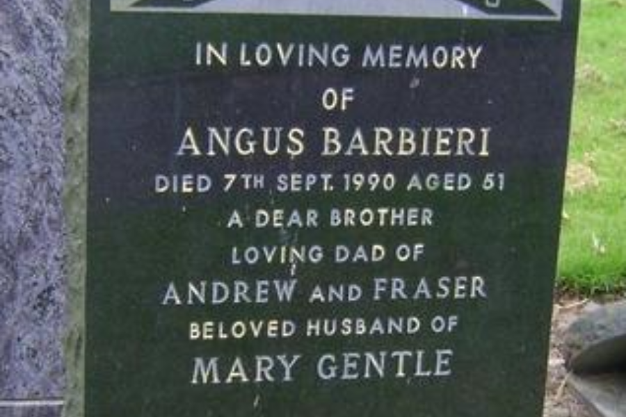 Gravestone inscription for Angus Barbieri, who passed away on 7th September 1990 aged 51, described as a dear brother, father, and husband.