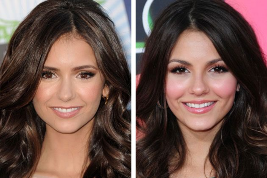 Side-by-side close-up photo of two women with long, wavy dark brown hair, both smiling and wearing natural makeup with rosy cheeks. The woman on the left has small hoop earrings, while the woman on the right appears without visible jewelry.