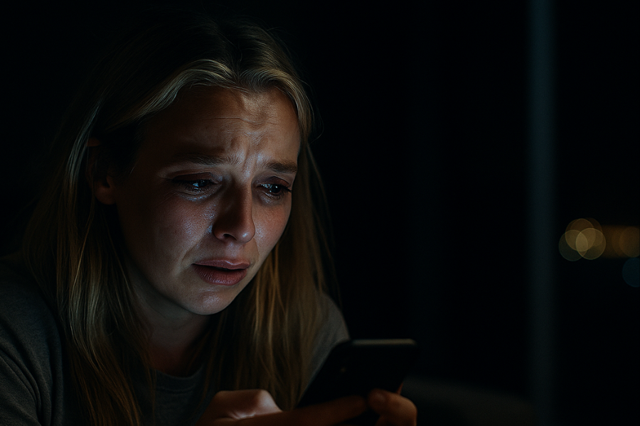 A woman with tears on her face looks heartbroken as she stares at her phone in a dark room. The glow from the screen lights up her distressed expression, while blurred city lights are visible in the background.
