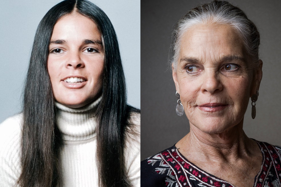 Ali MacGraw with long straight hair and a white turtleneck in her youth, shown beside a current image with tied-back gray hair and a thoughtful gaze.
