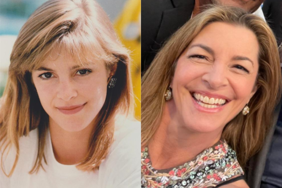 Side-by-side photos of a woman in her youth and as an adult. On the left, she has light brown hair with bangs, wearing a white top and smiling softly in a bright setting. On the right, she is older with similar hair color, smiling widely in a sequin-embellished dress at what appears to be a formal or celebratory event.