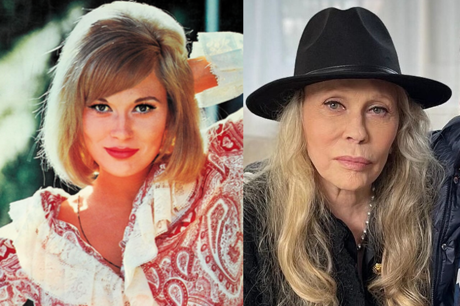 Faye Dunaway as a young woman with a playful pose and bright expression in a paisley blouse, next to a recent serious portrait in a black hat and long waves.