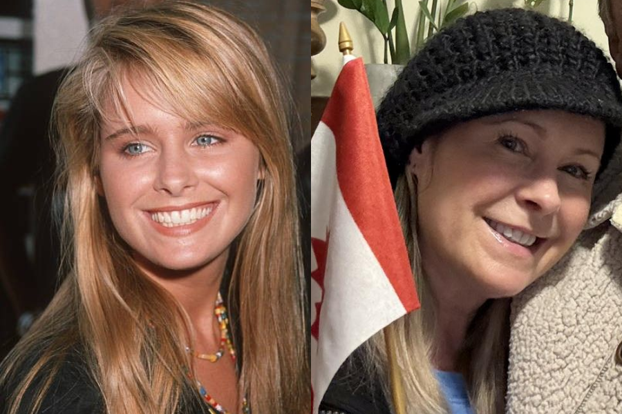 Side-by-side photos of a woman in her younger and older years. On the left, she has long blonde hair with bangs, bright blue eyes, and a wide smile, wearing a beaded necklace and black top. On the right, she is older with a similar hairstyle, wearing a black knit hat and smiling warmly while holding a small Canadian flag indoors.