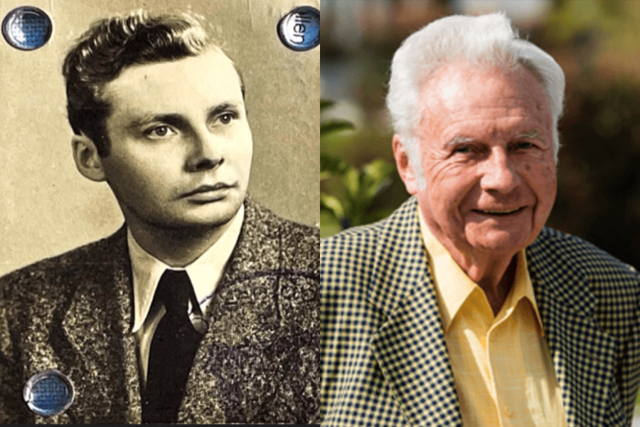 Side-by-side portraits of the same man, one young in a suit and tie, the other older with white hair wearing a checked blazer outdoors.