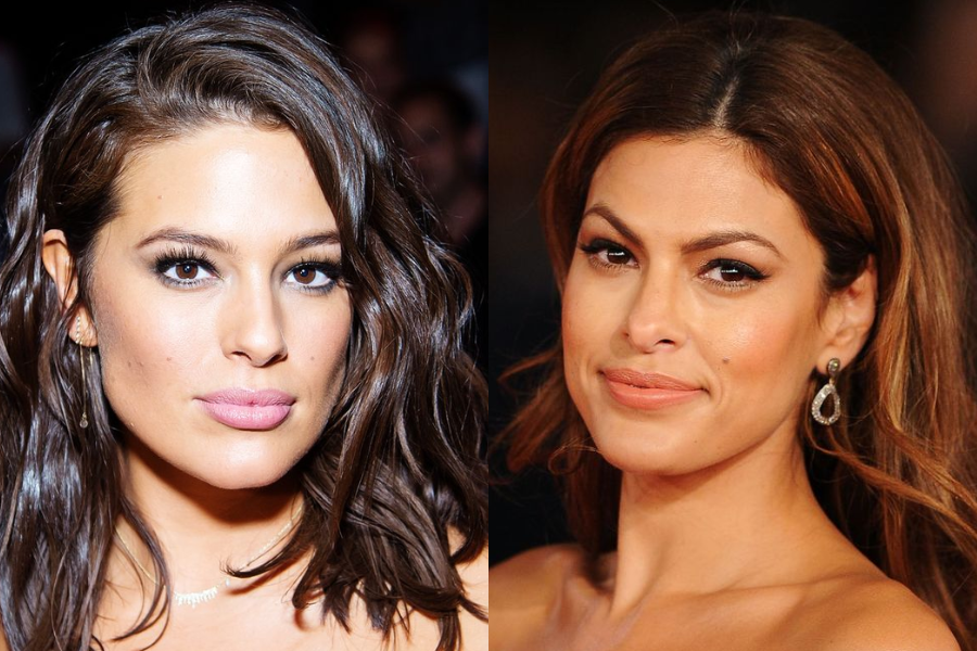 Side-by-side close-up photo of two women with wavy dark brown hair, both wearing elegant makeup and subtle jewelry. The woman on the left has drop earrings and a delicate necklace, while the woman on the right wears teardrop-shaped earrings and has a soft smile.