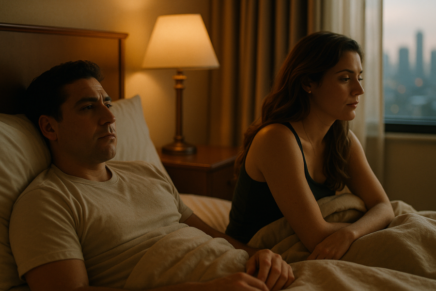 A man and woman sit in bed under soft lighting, both looking serious and distant as they stare ahead in silence. A bedside lamp casts a warm glow, and a city skyline is faintly visible through the window.