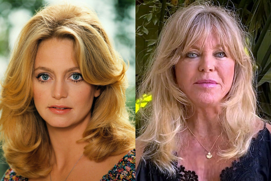 oung Goldie Hawn with feathered blonde hair and blue eyes in a floral blouse, shown alongside her modern self with longer blonde hair and a relaxed expression.