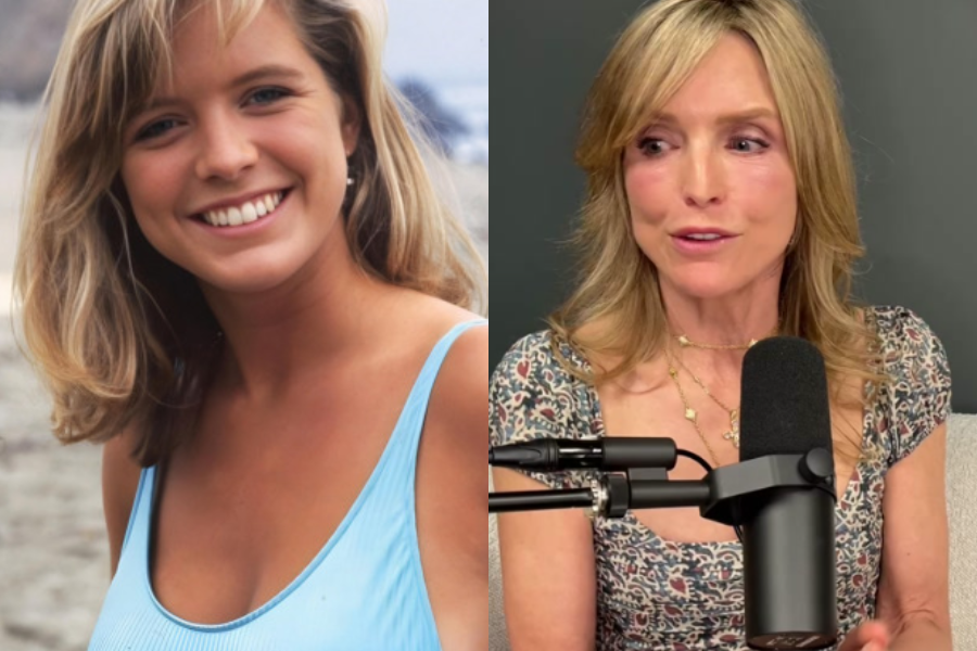Side-by-side photos of a woman as a young adult and in her later years. On the left, she is at the beach, smiling in a light blue swimsuit with blonde shoulder-length hair. On the right, she appears older with styled blonde hair, wearing a patterned dress and layered gold necklaces while speaking into a podcast microphone.