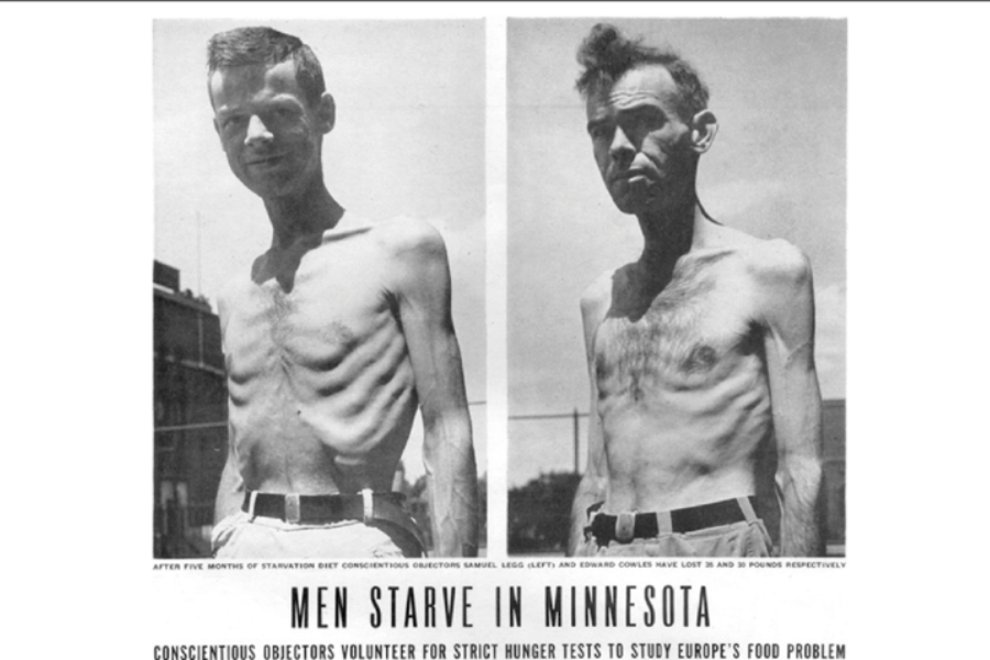 Two emaciated men shown shirtless in black and white photos, part of the Minnesota Starvation Experiment, with text describing their weight loss.