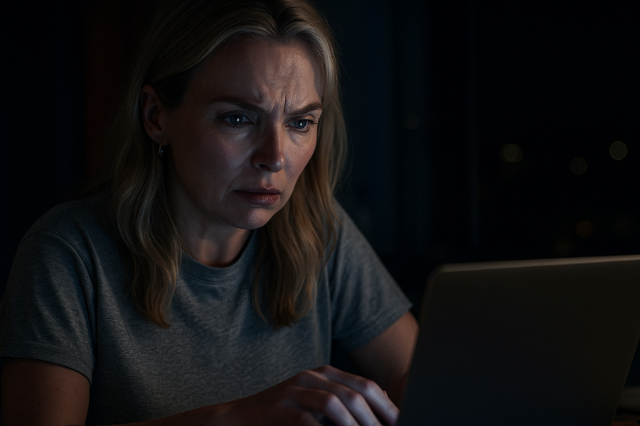 A woman wearing a gray t-shirt sits in a dark room, intently focused on the screen of a laptop with a serious and concerned expression. The glow from the laptop illuminates her face, with faint city lights visible in the background.