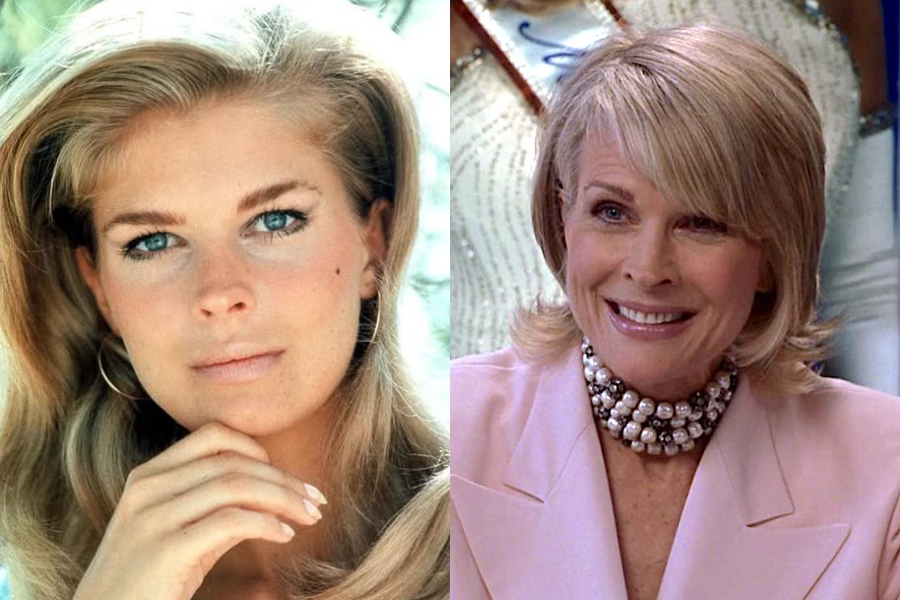 A youthful Candice Bergen with soft blonde hair and a pensive look, paired with a present-day image of her in a pale pink suit and layered pearl necklace.