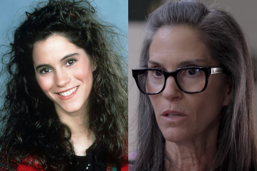 Side-by-side images of a woman in her youth and older age. On the left, she has voluminous curly dark hair and is smiling warmly, wearing a red and black sweater. On the right, she appears older with long gray-streaked hair, dark-rimmed glasses, and a serious expression, captured in a well-lit indoor setting.