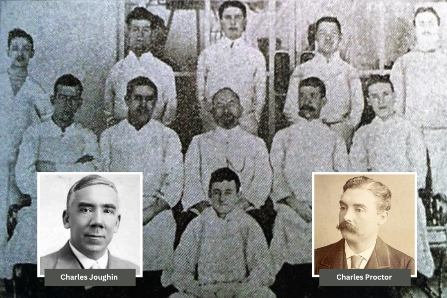 Group portrait of Titanic kitchen staff in white uniforms, featuring labeled portraits of bakers Charles Joughin and Charles Proctor.